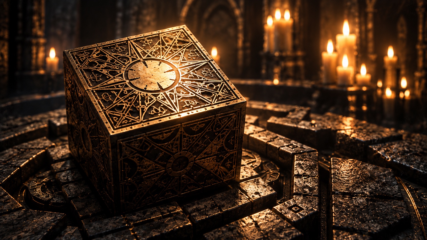 Atmospheric artwork inspired by the game’s dark labyrinth and puzzle box